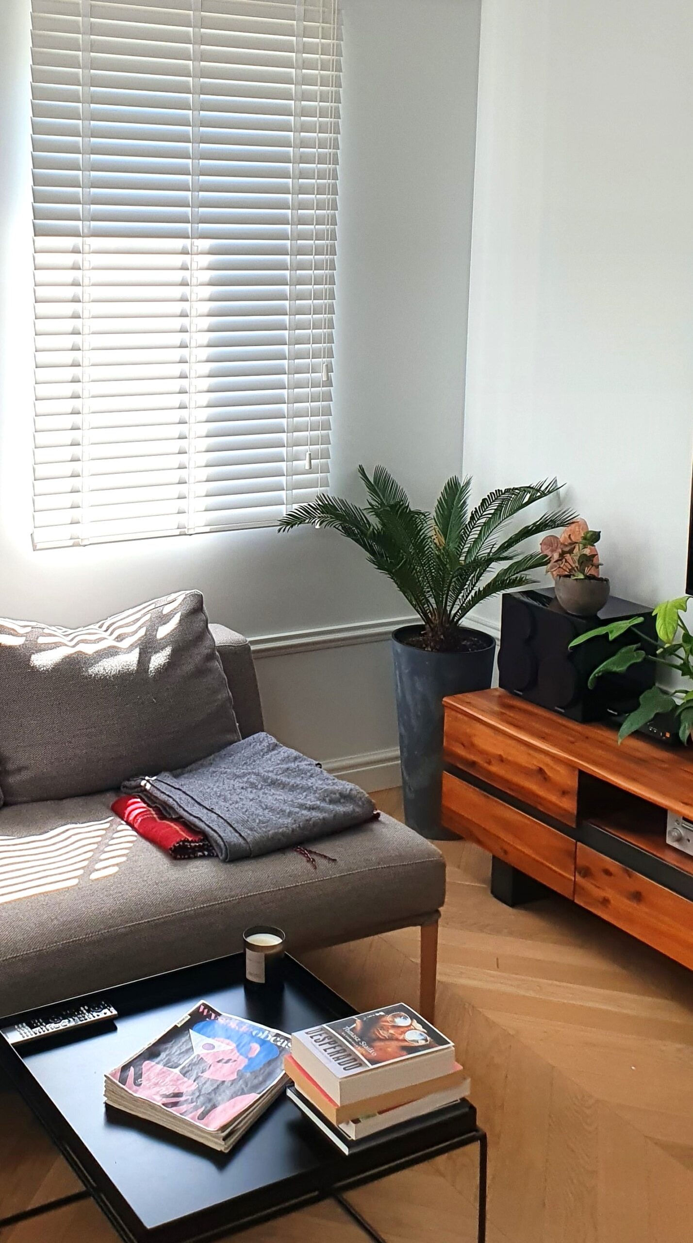 Żaluzja drewniana 50mm biała w salonie