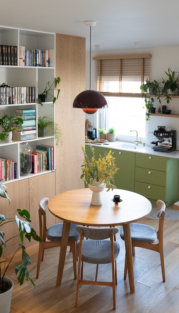 zaluzje drewniane 50mm w salonie polaczonym z kuchnia